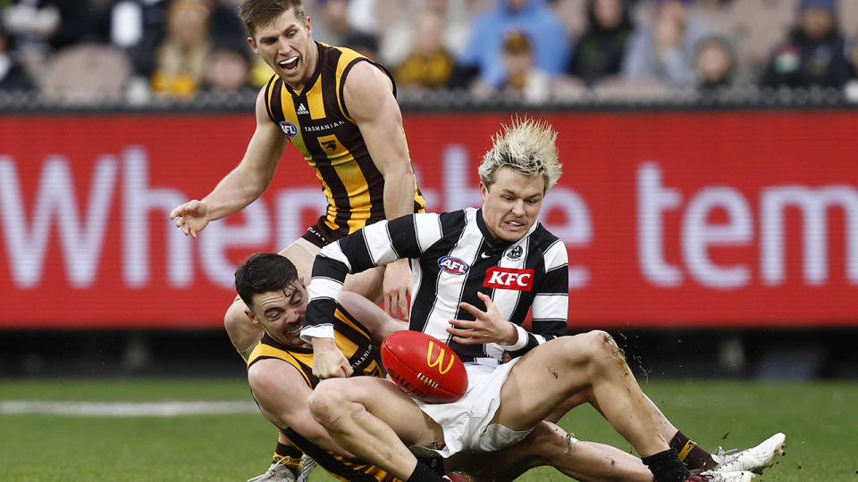 Collingwood want a 'please explain' from the AFL over several high tackles on Jack Ginnivan they believe didn't earn the whistle from the umpire. (Photo by Darrian Traynor/Getty Images)