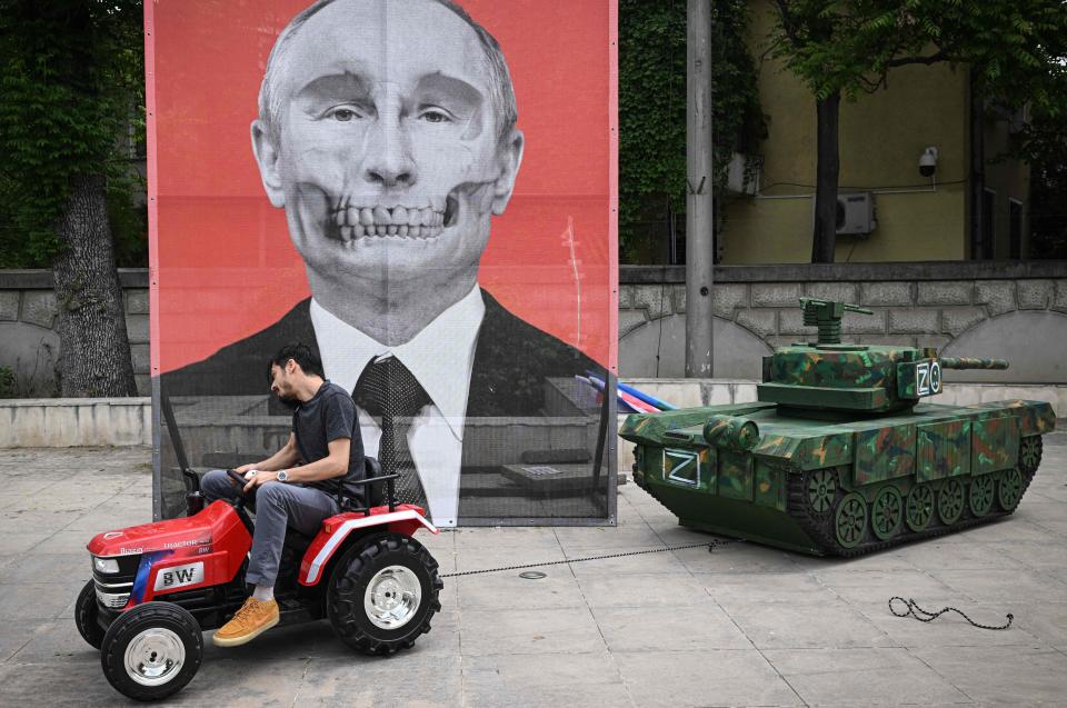 A protest in front of the Russian Embassy in Bucharest on May 16, 2022.