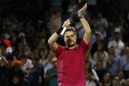 Mar 27, 2017; Miami, FL, USA; Stan Wawrinka of Switzerland acknowledges the crowd after his match against Malek Jaziri of Tunisia (not pictured) on day seven of the 2017 Miami Open at Crandon Park Tennis Center. Wawrinka won 6-3, 6-4. Geoff Burke-USA TODAY Sports