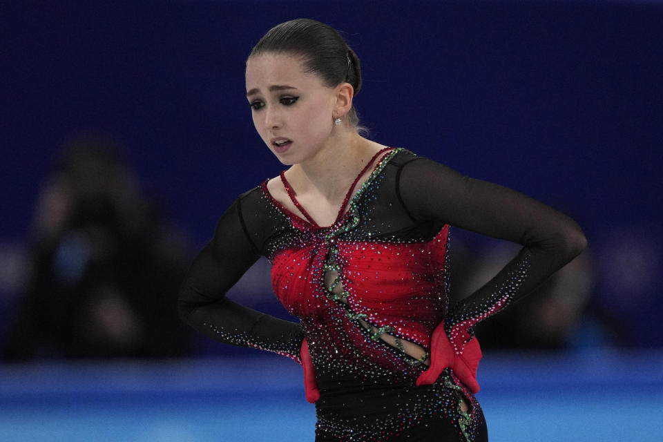 FILE - Kamila Valieva, of the Russian Olympic Committee, reacts after the women's free skate program during the figure skating competition at the 2022 Winter Olympics, on Feb. 17, 2022, in Beijing. he World Anti-Doping Agency says a Russian tribunal has found figure skater Kamila Valieva bore “no fault or negligence” in a doping case that rocked last year’s Winter Olympics. (AP Photo/Bernat Armangue, File)