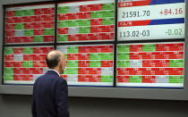 A man looks at an electronic stock board showing Japan's Nikkei 225 index at a securities firm in Tokyo Thursday, Nov. 22, 2018. Asian markets were mostly lower on Thursday as a mixed bag of data from the United States that could point to softening growth rattled investors. (AP Photo/Eugene Hoshiko)