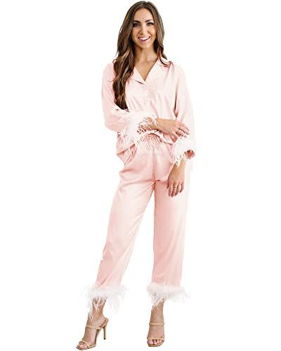 1) Feather Trim Satin Pajamas