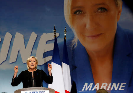 Marine Le Pen, French National Front (FN) political party leader and candidate for French 2017 presidential election, attends a political rally in Perpignan, France, April 15, 2017. REUTERS/Jean-Paul Pelissier