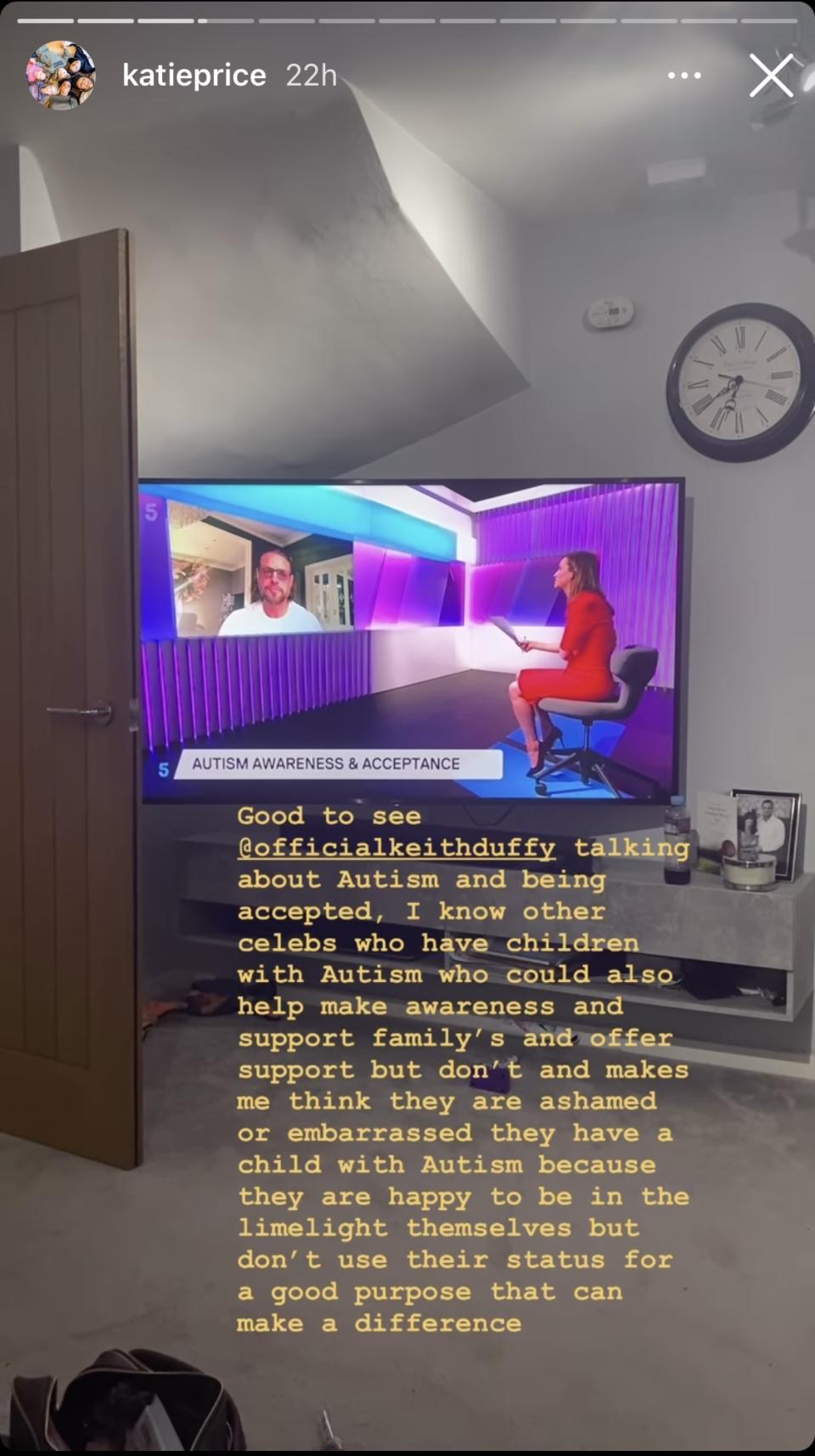 Katie Price shares message of praise for Boyzone star on her Instagram story during interview about autism awareness.