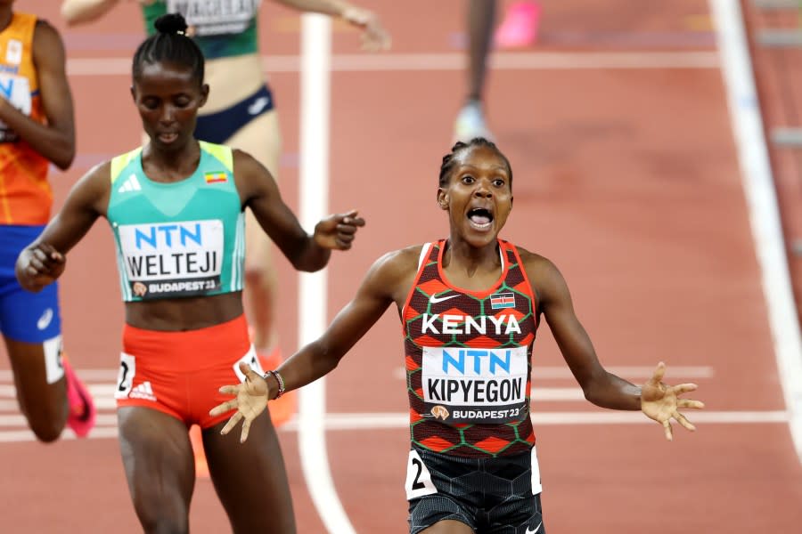 Faith Kipyegon of Team Kenya reacts after winning the Women’s 1500m Final during day four of the World Athletics Championships Budapest 2023 at National Athletics Centre on August 22, 2023 in Budapest, Hungary. (Photo by Christian Petersen/Getty Images for World Athletics)