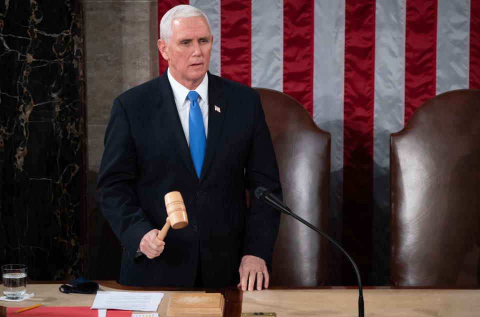 U.S. Vice President Mike Pence speaks during a joint session of Congress to count the Electoral College votes of the 2020 presidential election in the House Chamber in Washington, D.C., U.S., on Wednesday, Jan. 6, 2021. / Credit: Bloomberg