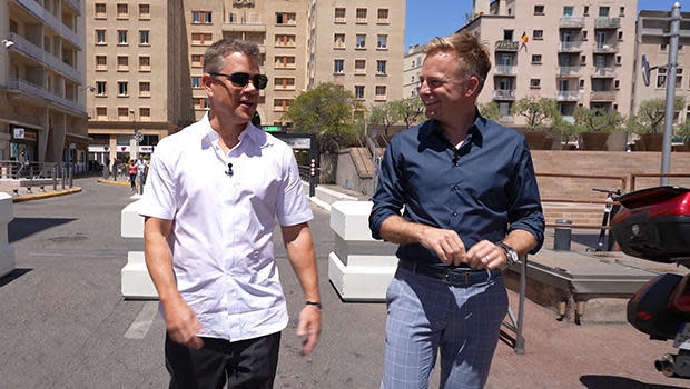 Matt Damon, left, with correspondent Seth Doane in Marseille, France, where the actor shot his latest film, 