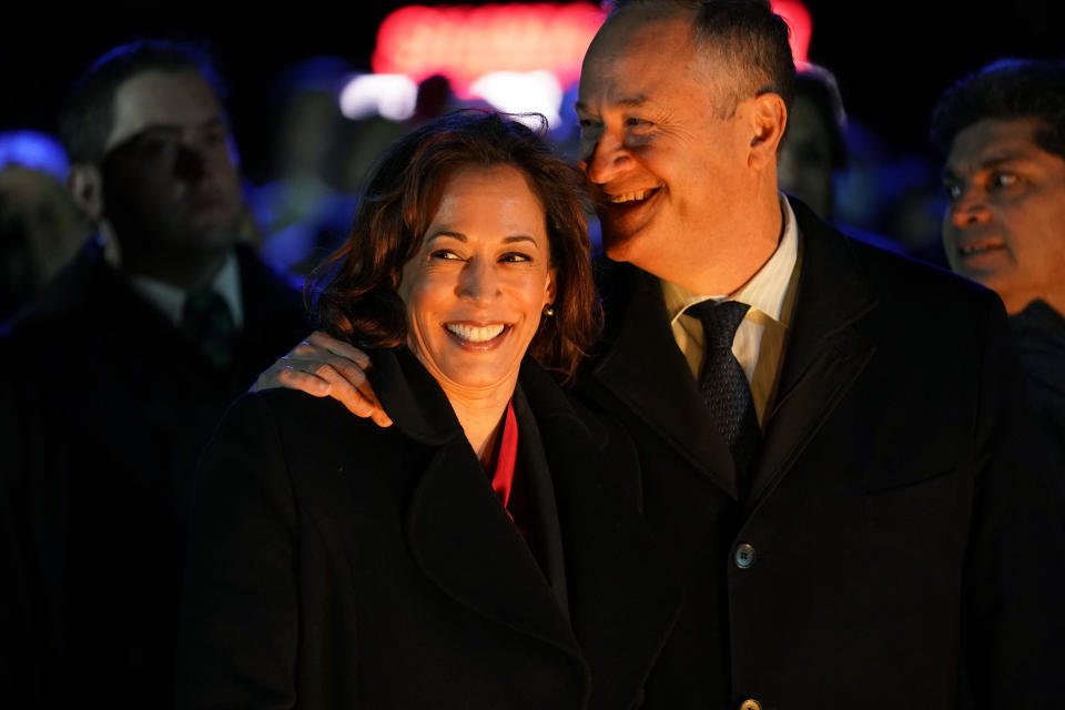 Vice President Kamala Harris and second gentleman Doug Emhoff attend the lighting ceremony for the National Christmas Tree on the Ellipse of the White House in Washington, Wednesday, Nov. 30, 2022. (AP Photo/Andrew Harnik)