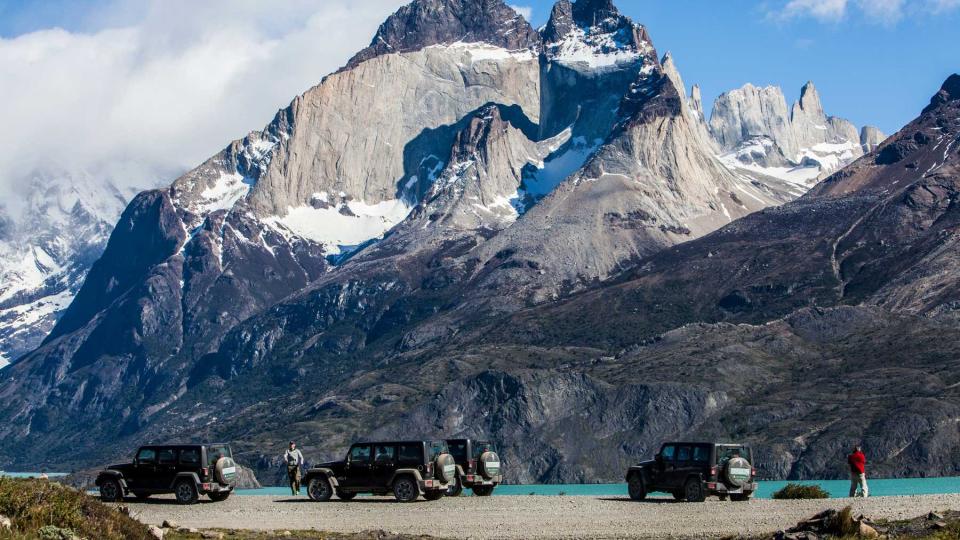 Jeeps at Nordenskjold overlook on a tour with Quasar Expeditions, voted one of the world's best Tour Operators