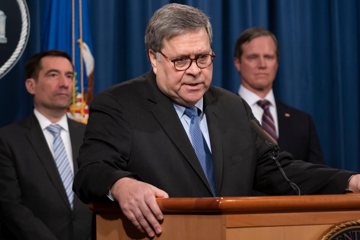 Attorney General William Barr speaks to reporters at the Justice Department in Washington, Monday, Jan. 13, 2020, to announce results of an investigation of the shootings at the Pensacola Naval Air Station in Florida. On Dec. 6, 2019, 21-year-old Saudi Air Force officer, 2nd Lt. Mohammed Alshamrani, opened fire at the naval base in Pensacola, killing three U.S. sailors and injuring eight other people. (AP Photo/J. Scott Applewhite)