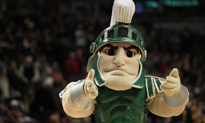A closeup of Michigan State's mascot during Spartans basketball game.