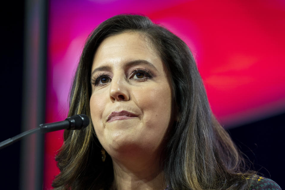 FILE - Rep. Elise Stefanik, R-N.Y., speaks at the Conservative Political Action Conference, CPAC 2023, March 4, 2023, at National Harbor in Oxon Hill, Md. Top Republicans, including some of former President Donald Trump’s potential rivals for the party’s nomination, rushed to his defense on Saturday after Trump said he is bracing for possible arrest. Stefanik, the House Republican Conference Chair and an early Trump endorser, called potential action “unAmerican.” (AP Photo/Alex Brandon, File)