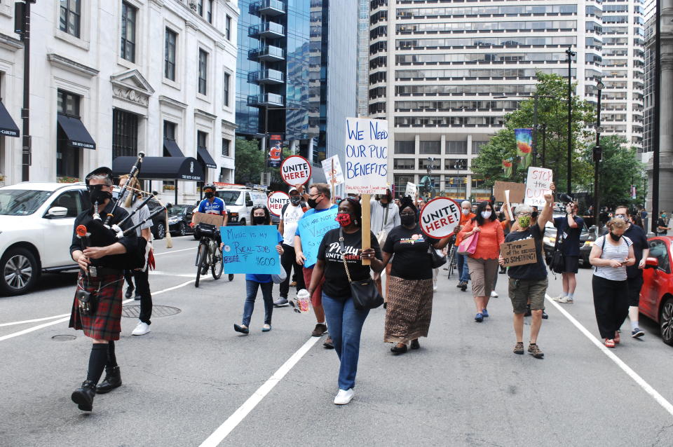 Philadelphian's rallied at City Hall before taking to the streets to demand Congress return and come to a deal on Unemployment and other key features of the HEROES Act in Philadelphia, PA, on August 20, 2020. (Photo by Cory Clark/NurPhoto via Getty Images)