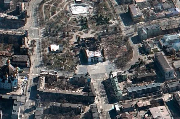PHOTO: This satellite image shows the aftermath of the airstrike on the Mariupol Drama Theater on March 19, 2022, in Mariupol, Ukraine.  (AP)