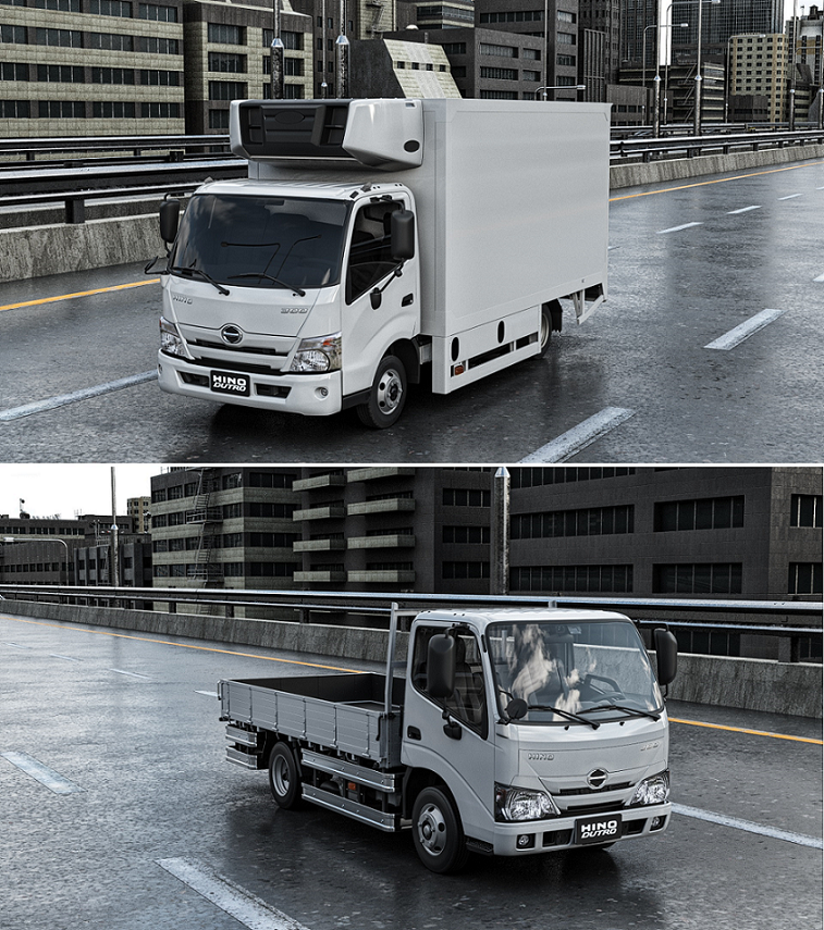 (上)HINO 300 系 DUTRO 寬式座艙；(下)HINO 300 系 DUTRO 標準座艙 (圖示車輛僅為打造參考示意，和泰汽車所屬經銷商除 300 系五噸車外，僅販賣車輛底盤)