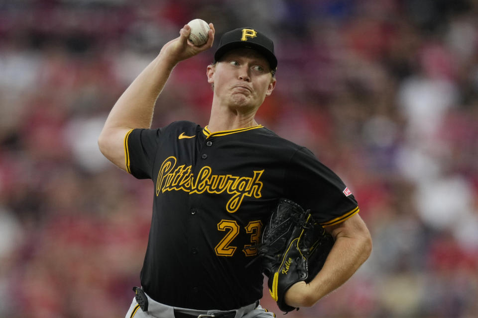 Pittsburgh Pirates starting pitcher Mitch Keller throws to a Cincinnati Reds batter during the first inning of a baseball game Tuesday, June 25, 2024, in Cincinnati. (AP Photo/Carolyn Kaster)