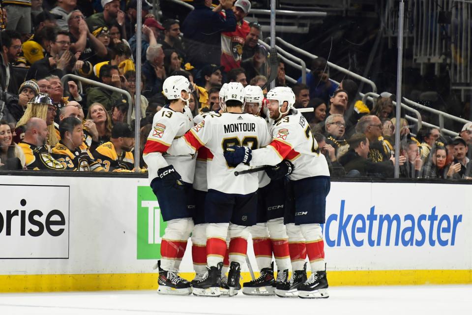 The Florida Panthers celebrate after a goal by defenseman Gustav Forsling (42) during the third period of Game 6.