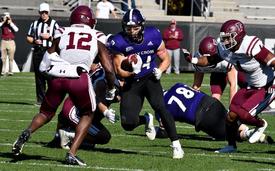 Holy Cross' Peter Oliver, shown here earlier this month against Fordham, rushed for 140 yards and two long touchdowns Saturday against Bryant.