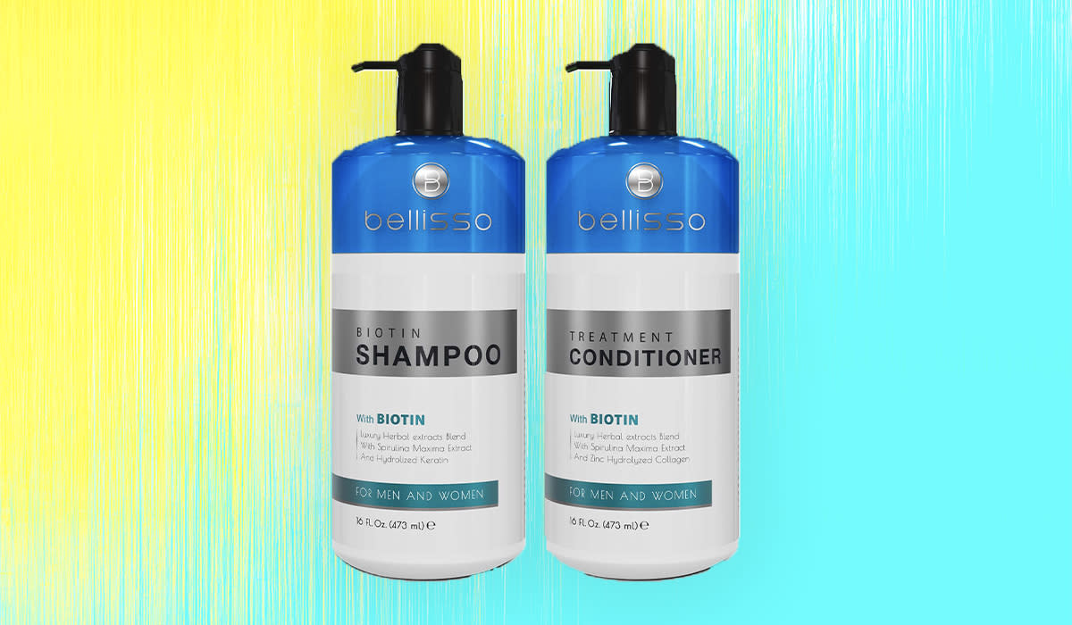 Photo of Bellisso shampoo and conditioner on colorful background