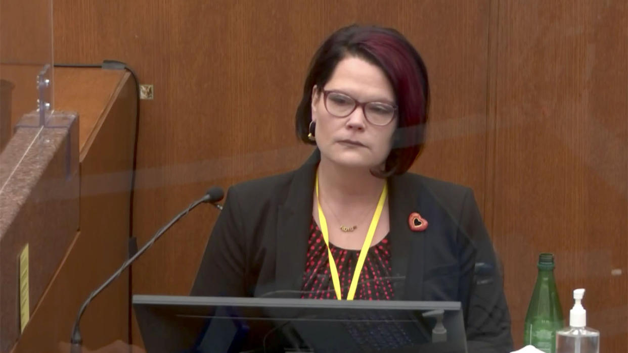 Courteney Batay Ross testifies in the Derek Chauvin trial in Minneapolis, MN. on April 1, 2021. (Court TV via Reuters Video)