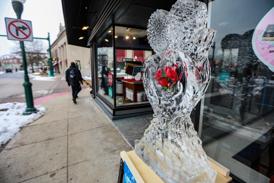Ice sculpture in front of a business in downtown Plymouth.