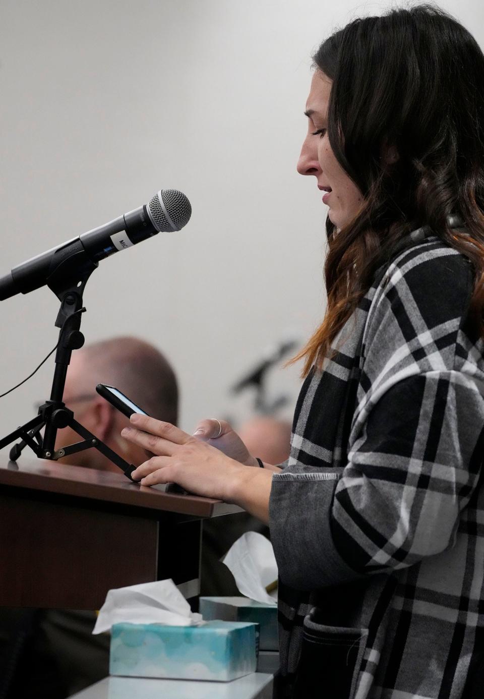 Taylor Kulich, the daughter of of Dancing Granny, Jane Kulich, gives a victim statement during Darrell Brooks sentencing on Tuesday. She said "my smile is not as bright (now)."