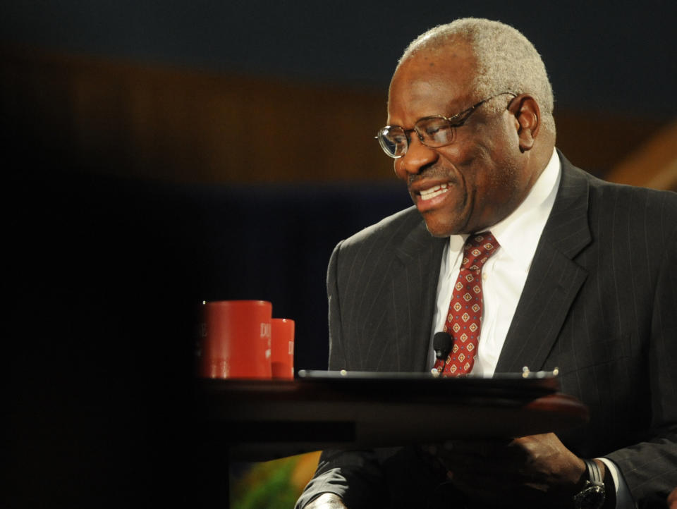 Supreme Court Justice Clarence Thomas addresses the audience during a program at the Duquesne University School of Law in Pittsburgh. (AP Photo/Tribune Review, Sidney Davis)
