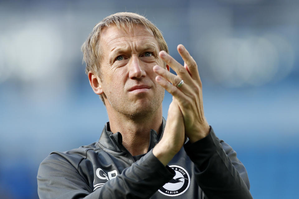 FILE - In this Saturday, Aug. 31, 2019 file photo, Brighton's head coach Graham Potter during the English Premier League soccer match between Manchester City and Brighton & Hove Albion at Etihad stadium in Manchester, England. Brighton was a voice of the Premier League league during the three-month coronavirus pandemic shutdown. The south-coast club’s boardroom leaders, coaches and players navigated not just its own supporters but the league’s wider fan base through an unprecedented time in English footballing history. (AP Photo/Rui Vieira, File)