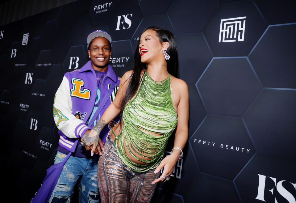 (L-R) A$AP Rocky and Rihanna celebrate Fenty Beauty & Fenty Skin at Goya Studios on February 11, 2022 in Los Angeles, California.
