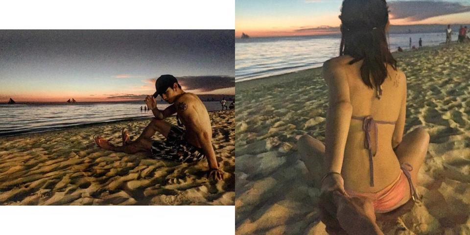 曹佑寧與網模鍾蕙羽在長灘島同一片夕陽海景下打卡，超浪漫。（合成照片，翻攝自2人Instagram）
