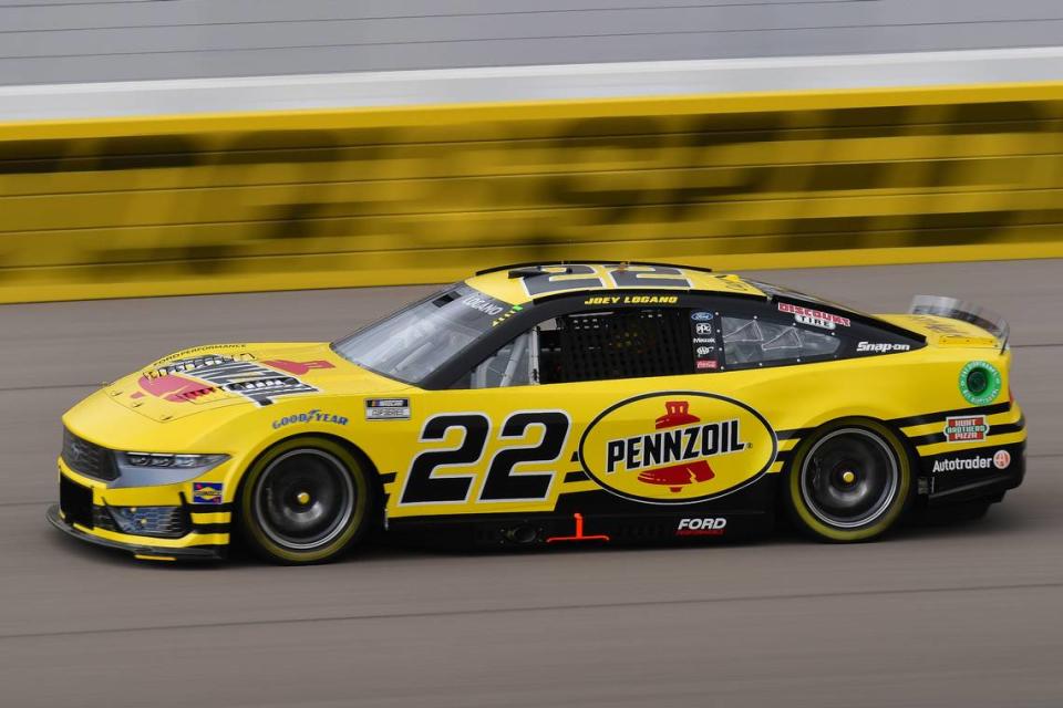 Joey Logano, the pole-sitter for Sunday’s NASCAR Cup Series race at Las Vegas Motor Speedway, drives his No. 22 Ford Mustang Dark Horse during practice.