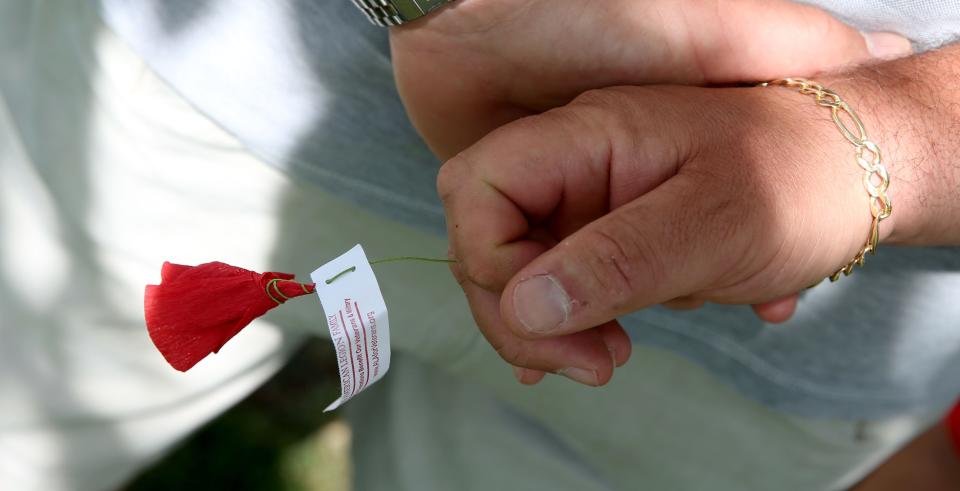 A man holds a poppy distributed by the Ameriocan Legion.