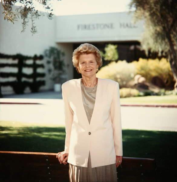 Betty Ford, the chairman and co-founder of the Betty Ford Center, poses for a photo in front of the facility in 1990. Ford maintained a hands-on role at the nonprofit until 2004, when she became chairman emeritus and her daughter, Susan Ford Bales, assumed the role. (Courtesy: Betty Ford Center)