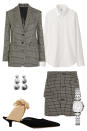 <p>A mini skirt doesn't <em>always</em> fly at a formal workplace, but if your job adheres to business casual dress codes, a skirt suit is your best bet. Avoid a super tight, Ally McBeal-style suit and go with a looser silhouette balanced out with feminine heels instead. </p><p><em>Helmut Lang Checked Wool Blazer, $895; <a rel="nofollow noopener" href="https://www.net-a-porter.com/us/en/product/895760/Helmut_Lang/checked-wool-blazer" target="_blank" data-ylk="slk:net-a-porter.com;elm:context_link;itc:0;sec:content-canvas" class="link ">net-a-porter.com</a></em></p><p><em>Helmut Lang Checked Wool <span>Mini</span> Skirt, $425; <a rel="nofollow noopener" href="https://www.net-a-porter.com/us/en/product/895768/Helmut_Lang/checked-wool-mini-skirt" target="_blank" data-ylk="slk:net-a-porter.com;elm:context_link;itc:0;sec:content-canvas" class="link ">net-a-porter.com</a></em></p><p><em>Uniqlo Supima Cotton Stretch Long Sleeve Shirt, $30; <a rel="nofollow noopener" href="https://www.uniqlo.com/us/en/women-supima-cotton-stretch-long-sleeve-shirt-173265.html?dwvar_173265_color=COL12#start=23&cgid=women-shirts-and-blouses" target="_blank" data-ylk="slk:uniqlo.com;elm:context_link;itc:0;sec:content-canvas" class="link ">uniqlo.com</a></em></p><p><em>The Row Coco Suede Mules, $795; <a rel="nofollow noopener" href="http://www.barneys.com/product/the-row-coco-suede-mules-504926422.html?utm_source=google&utm_medium=cpc&cmpgntype=pla&campaignid=345498075&adgroupid=41704683019&product_partition_id=293307719939&product_id=00505049487855&cmpntype=pla&campaign=%5BPLA%5D%20-%20The%20Row%20-%20Tier%201&adgroup=The%20Row%20-%20Womens%20-%20Shoes%20-%20Heels&k_clickid=18d64001-0254-4ae7-9e18-b906992ea06e&gclid=CJ2z44SKzdQCFRZWDQodmYYKLA" target="_blank" data-ylk="slk:barneys.com;elm:context_link;itc:0;sec:content-canvas" class="link ">barneys.com</a></em></p><p><em>Kate Spade Stainless <span>Mini</span> Barrow Watch, $195; <a rel="nofollow noopener" href="https://www.katespade.com/products/stainless-mini-barrow-watch/KSW1319.html" target="_blank" data-ylk="slk:katespade.com;elm:context_link;itc:0;sec:content-canvas" class="link ">katespade.com</a></em></p><p><em>Agmes Stella Earrings ,$540; </em><a rel="nofollow noopener" href="https://agmesnyc.com/products/stella-earrings" target="_blank" data-ylk="slk:agmesnyc.com;elm:context_link;itc:0;sec:content-canvas" class="link "><em>agmesnyc.com</em></a></p>