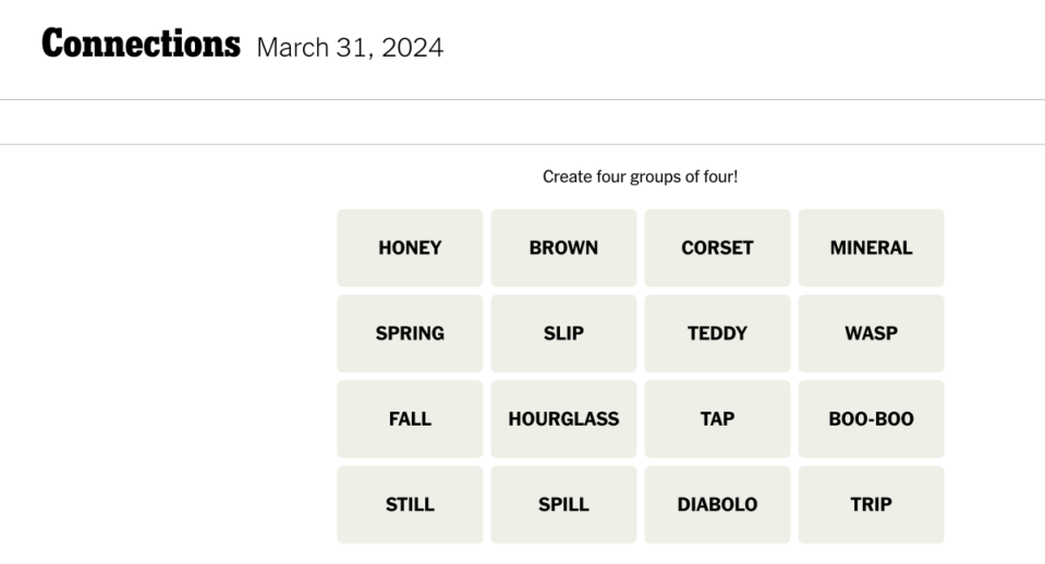 <em>Today's NYT Connections puzzle for Sunday, March 31</em><em>, 2024</em><p>The New York Times</p>