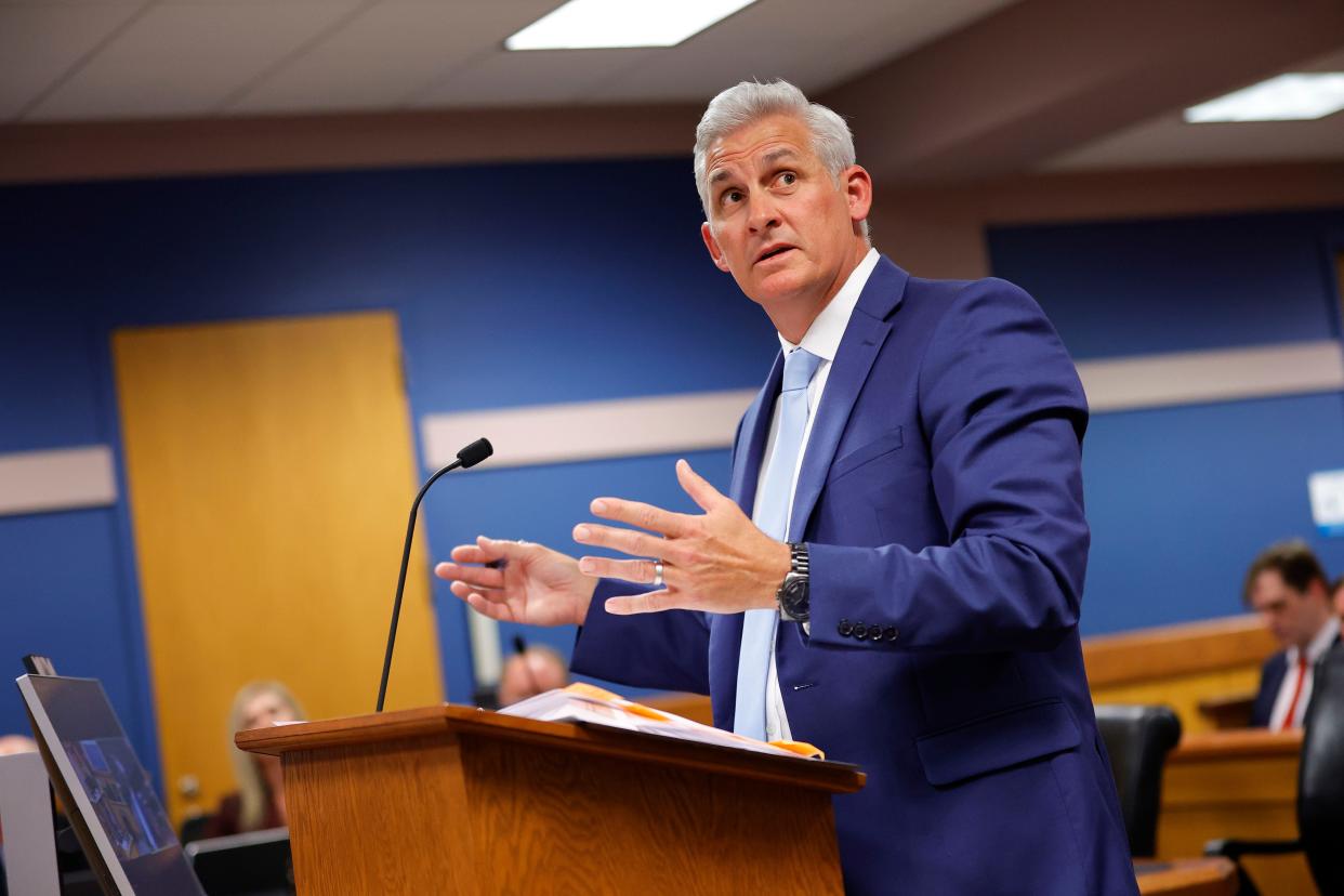 Attorney John Merchant speaks during a hearing in the case of the State of Georgia v. Donald John Trump at the Fulton County Courthouse on March 1, 2024 in Atlanta, Georgia. The hearing is to determine whether Fulton County District Attorney Fani Willis should be removed from the case because of a relationship with Nathan Wade, special prosecutor she hired in the election interference case against former President Donald Trump.