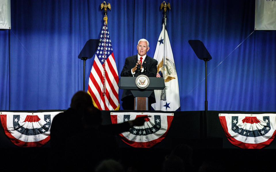 Vice President Mike Pence speaks at the Republican Party of Pennsylvania state dinner at the Radisson Hotel Harrisburg in Camp Hill, Pa., June 6, 2019. (Dan Gleiter/The Patriot-News via AP)