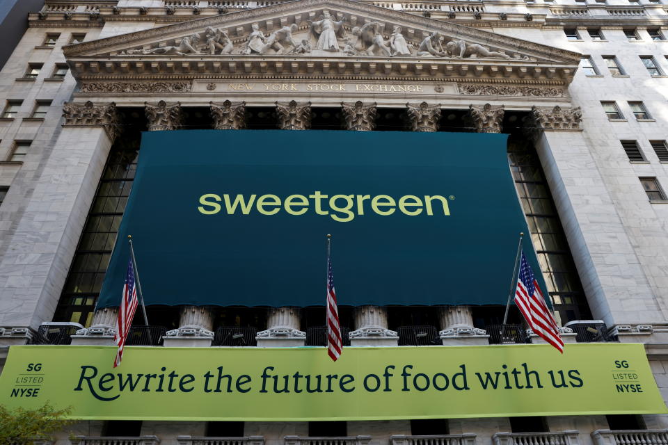 The Sweetgreen logo is displayed on a banner, to celebrate the company's IPO, on the front facade of the New York Stock Exchange (NYSE) in New York City, U.S., November 18, 2021.   REUTERS/Shannon Stapleton