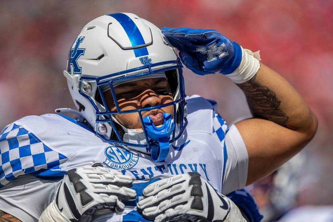 Kentucky Wildcats running back Chris Rodriguez Jr. (24) celebrates after scoring a touchdown during a game against Ole Miss at Vaught-Hemingway Stadium in Oxford, Miss., on Saturday, Oct. 1, 2022.