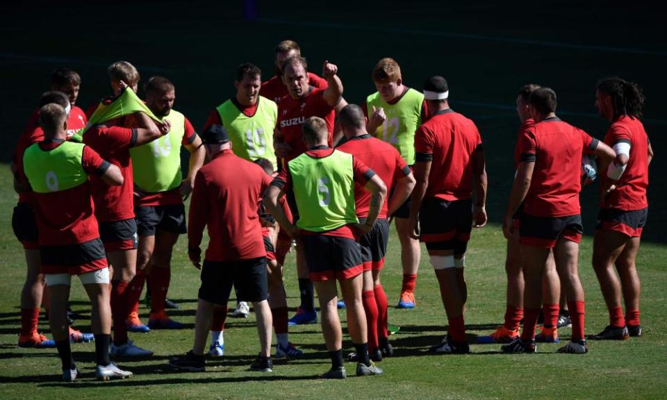 Wales’ captain Alun Wyn Jones leads a training session in Kitakyushu