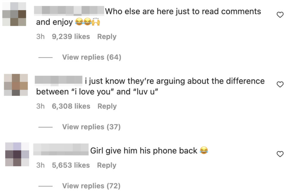 Instagram comments that include "Girl give him his phone back [laughing, crying emoji) and "Who else are here just to read comments and enjoy"