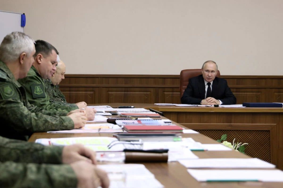 Putin presided at a meeting of around a dozen people at a circular table, flanked by Defence Minister Sergei Shoigu and Chief of General Staff Valery Gerasimov  (Reuters)