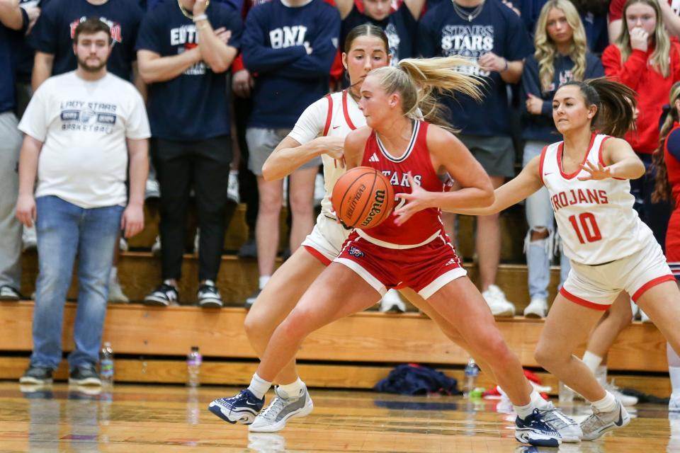 Bedford North Lawrence Chloe Spreen (2) looks for an opening to the basket as Bedford North Lawrence takes on Center Grove High School in the Girls Class 4A IHSAA Region 7 basketball championship, Feb 10, 2024; Bedford, IN, USA; at Bedford North Lawrence High School.