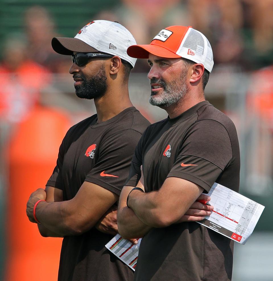 General Manager Andrew Berry, left, and coach Kevin Stefanski, right, along with offensive coordinator Alex Van Pelt and defensive coordinator Joe Woods are back for their third consecutive season leading the Browns. It is the type of continuity the Browns have lacked for more than two decades.