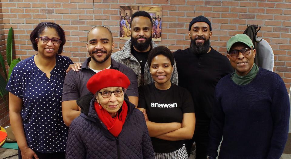 Cast and crew of the play "Smoked Oysters," performed at Anawan Studios in downtown Brockton on Sunday, March 5, 2023. Back row: Sonya Joyner as Arnetta Williams; Zair Silva as Bernard Williams and co-producer and co-director; Edmar Goncalves, as the police officer and letter carrier; Tshepiso Moseki, co-producer and co-director and also stage manager; Rui Lopes, CEO of Anawan Studios and also production advisor; and Paul Benford-Bruce, as Ulysses Williams and also production manager and propmaster. Up front in red is Mary E McCullough, the "Smoked Oysters" playwright.
