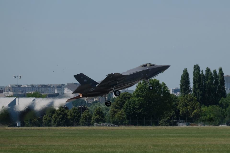 The US Air Force's F-35 stealth fighter takes off for an aerial demonstration debut at the Le Bourget Airport during the 2017 Paris Air Show on June 19, 2017, in Paris, France.