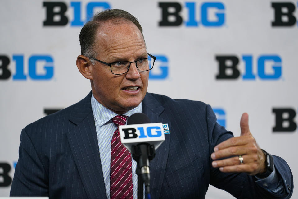 Indiana head coach Tom Allen talks to reporters during an NCAA college football news conference at the Big Ten Conference media days, at Lucas Oil Stadium in Indianapolis, Friday, July 23, 2021. (AP Photo/Michael Conroy)