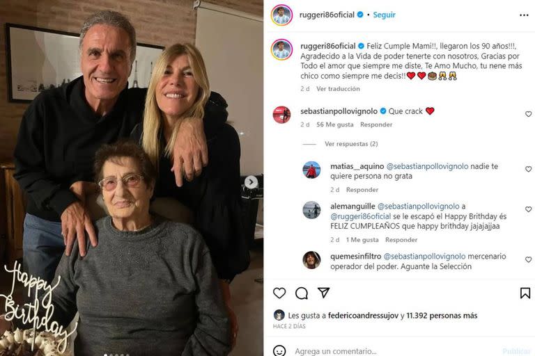 Oscar Ruggeri junto a su mamá Hilda, que cumplió 90 años, y a su esposa, Nancy Otero