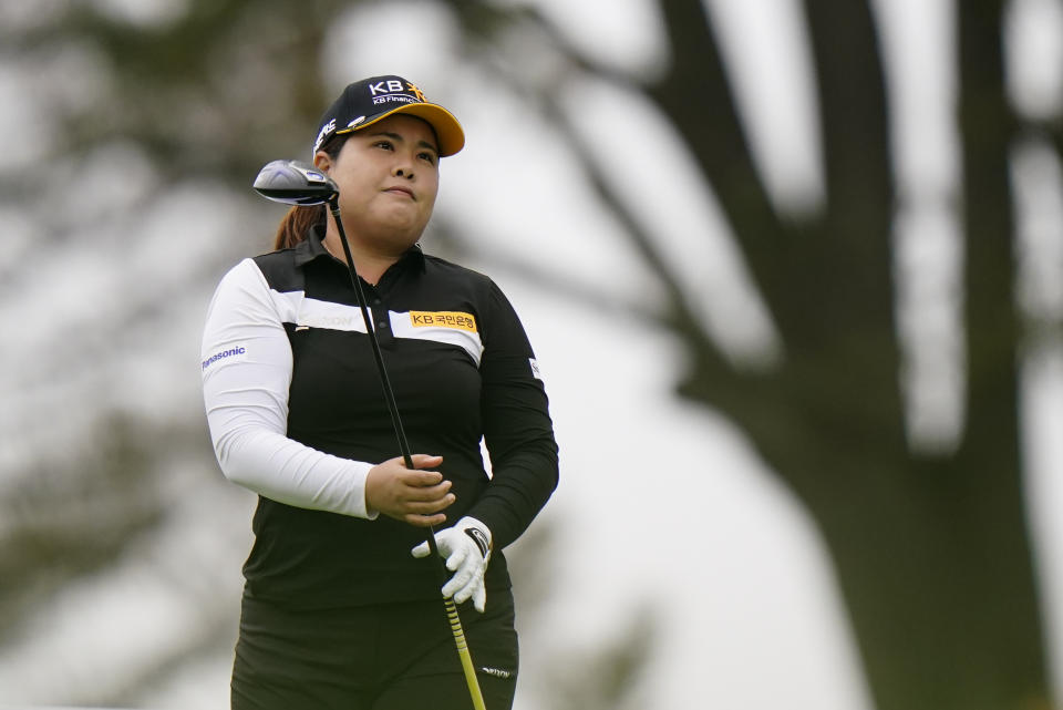 Inbee Park, of South Korea, watches her tee shot on the 12th hole during the final round at the KPMG Women's PGA Championship golf tournament at the Aronimink Golf Club, Sunday, Oct. 11, 2020, in Newtown Square, Pa. (AP Photo/Matt Slocum)