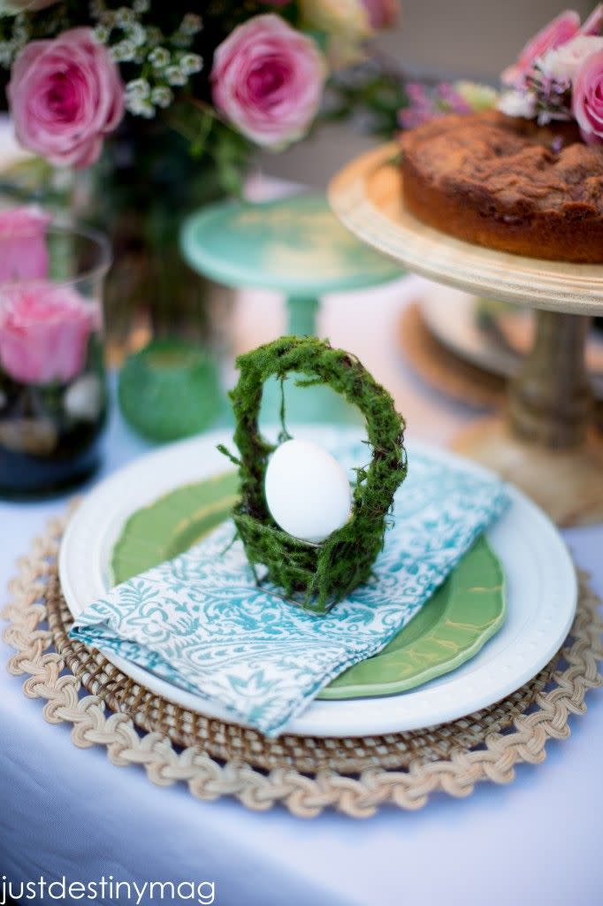 easter moss basket place setting with egg inside